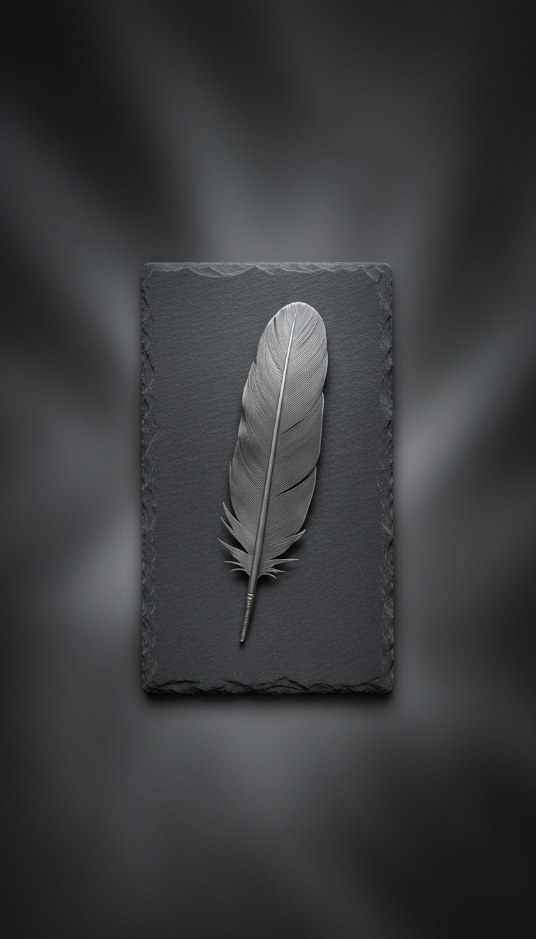 A solitary feather crafted from brushed steel, displaying subtle gradations of grey and silver, lies on a refined slate surface. The feather’s fine grooves catch muted ambient light, creating gentle glimmers along its edge, while its shadow forms an elegant, understated silhouette. Around the feather, a delicate vignette of soft blur fades into a smooth, dusky background with subtle gradient shifts in gray and charcoal. Captured from an overhead, centered perspective, the composition emphasizes minimalist beauty and evokes thoughtful quietude. This photographic image exudes sophistication and understated elegance, perfect for symbolizing insight, communication, and refined intellect in context with the social sciences blog.