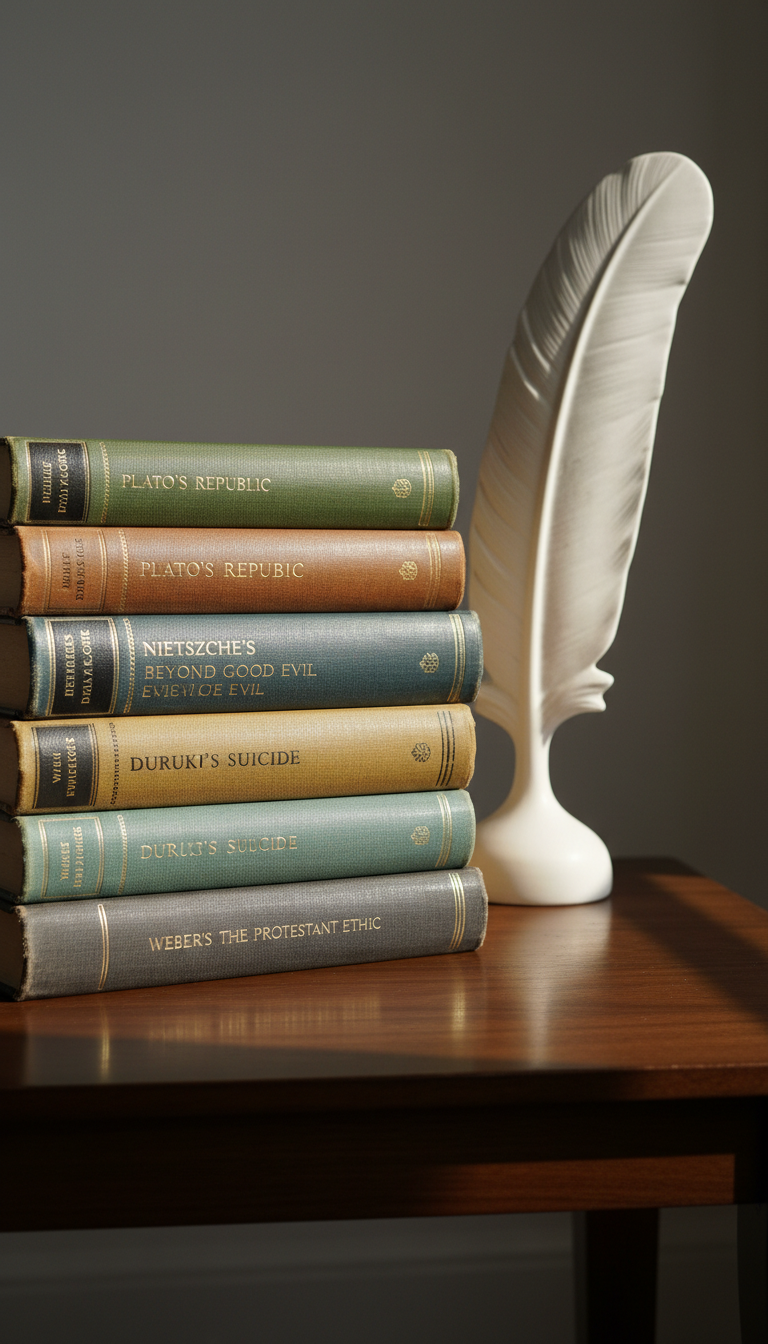 An elegant stack of vintage hardcover philosophy and sociology texts, each with textured linen and muted leather covers, aged gold foil lettering, and faded page edges, perfectly arranged on a minimalist dark wood table. Behind the books, a ceramic feather sculpture—porcelain white with matte finish and subtle grooves—leans gently as a symbolic accent. Cool, diffused natural light streams in from an unseen window, creating delicate, directional shadows and soft highlights over the books, feather, and tabletop. The composition is shot from a slightly elevated angle, using a rule of thirds arrangement to balance the visual elements and create a sense of scholarly contemplation. The overall mood is sophisticated and serene, aligned with a photographic realism and minimalist aesthetic that underscores the intellectual depth of the blog site.